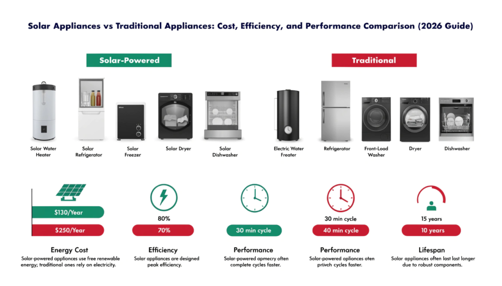Solar Appliances vs Traditional Appliances: Cost, Efficiency, and Performance Comparison (2026 Guide)